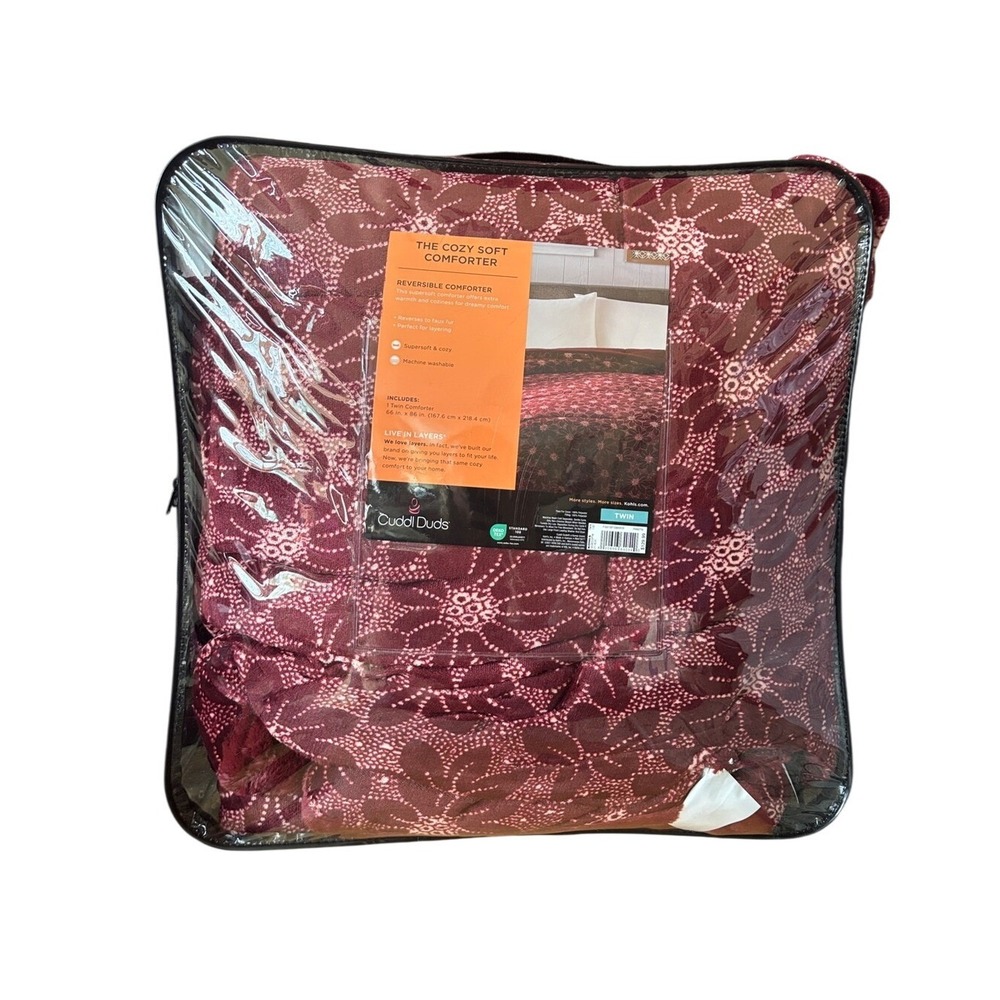 Cuddl Duds Twin Comforter Poinsettia Burgundy Reversable Holiday 66"x 86" NEW